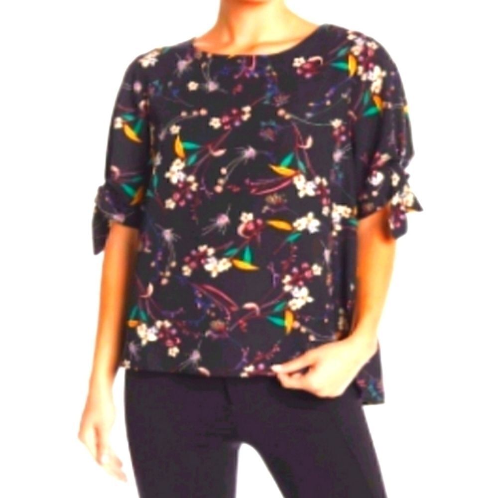 Anthropologie Navy Floral Short-Sleeve Blouse with Tie Cuffs